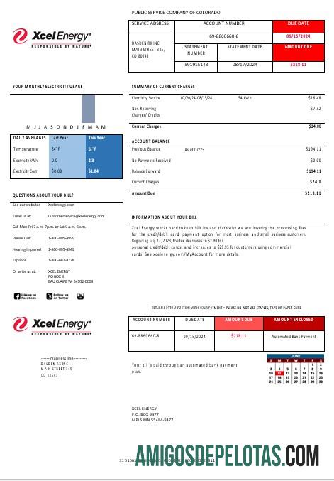 imprimível Modelo de conta de serviços públicos de eletricidade XcelEnergy dos EUA Colorado em formatos Word e PDF, versão 3